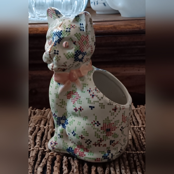 Vintage Ceramic Cat Pottery Patchwork CalicoPlanter utensil pencil holder - Picture 6 of 8